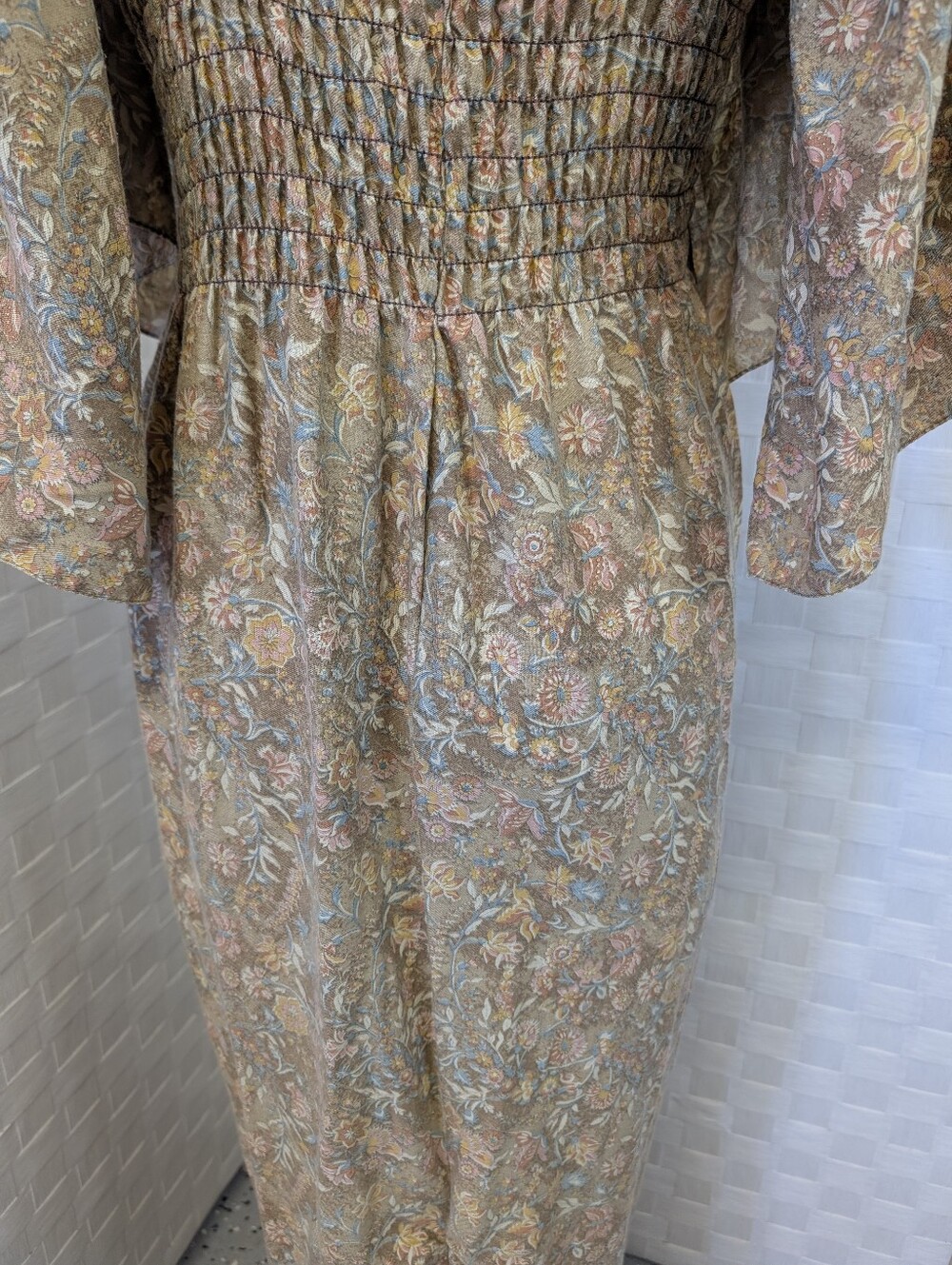 Vintage Dress Handmade Bohemian Smocked Floral Square Neck Brown Paisley XL - Picture 6 of 7